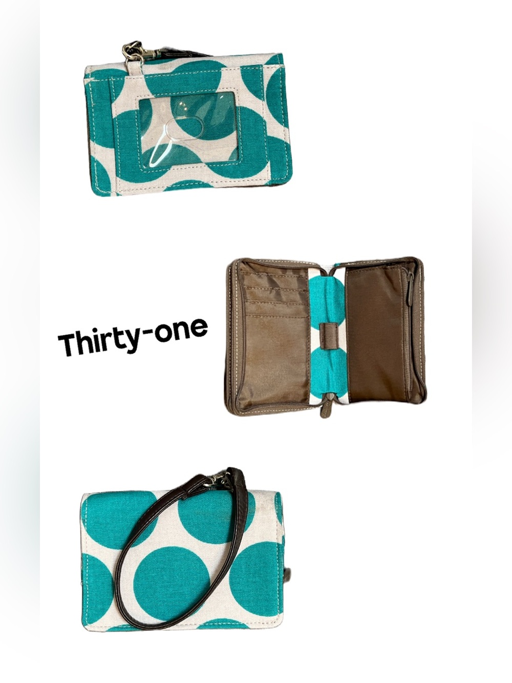 Thirty-One Everyday Wristlet in the Teal Mod Dot pattern.